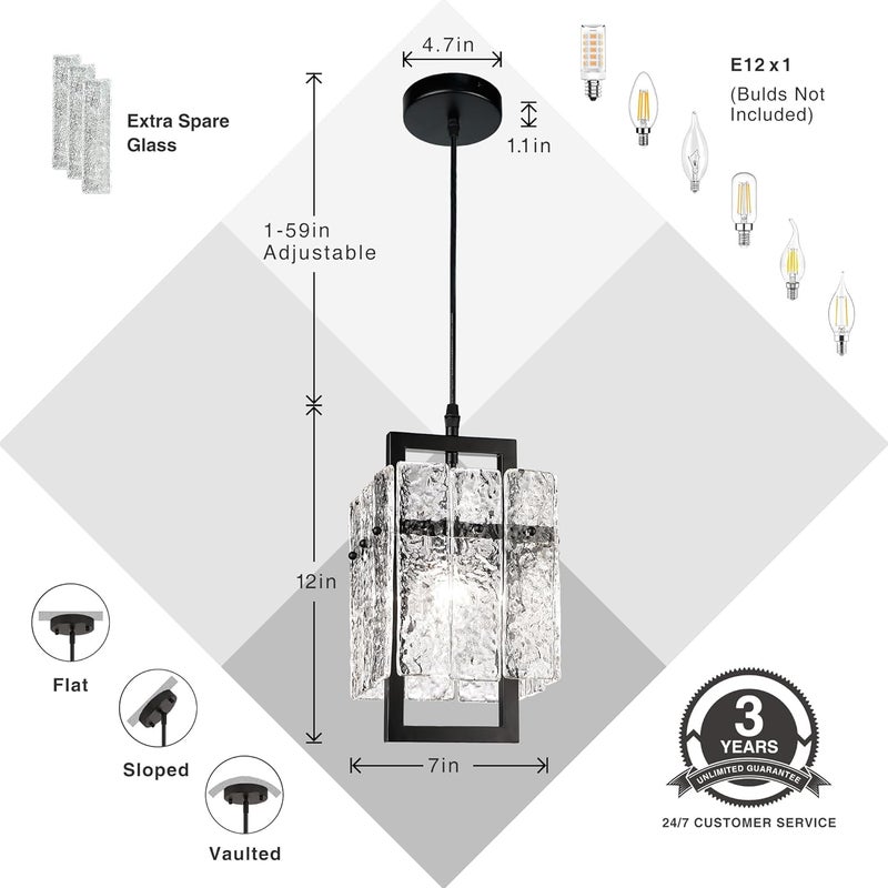 IKK Black Crystal Pendant Light for Kitchen Island, Luxury Water Ripple Glass Chandelier Lights Fixture, Modern Elegant Adjustable Pendant Lighting for Dining Room Bedroom, E12 Bulb, L6.5'' x H11.8'' - Image 5